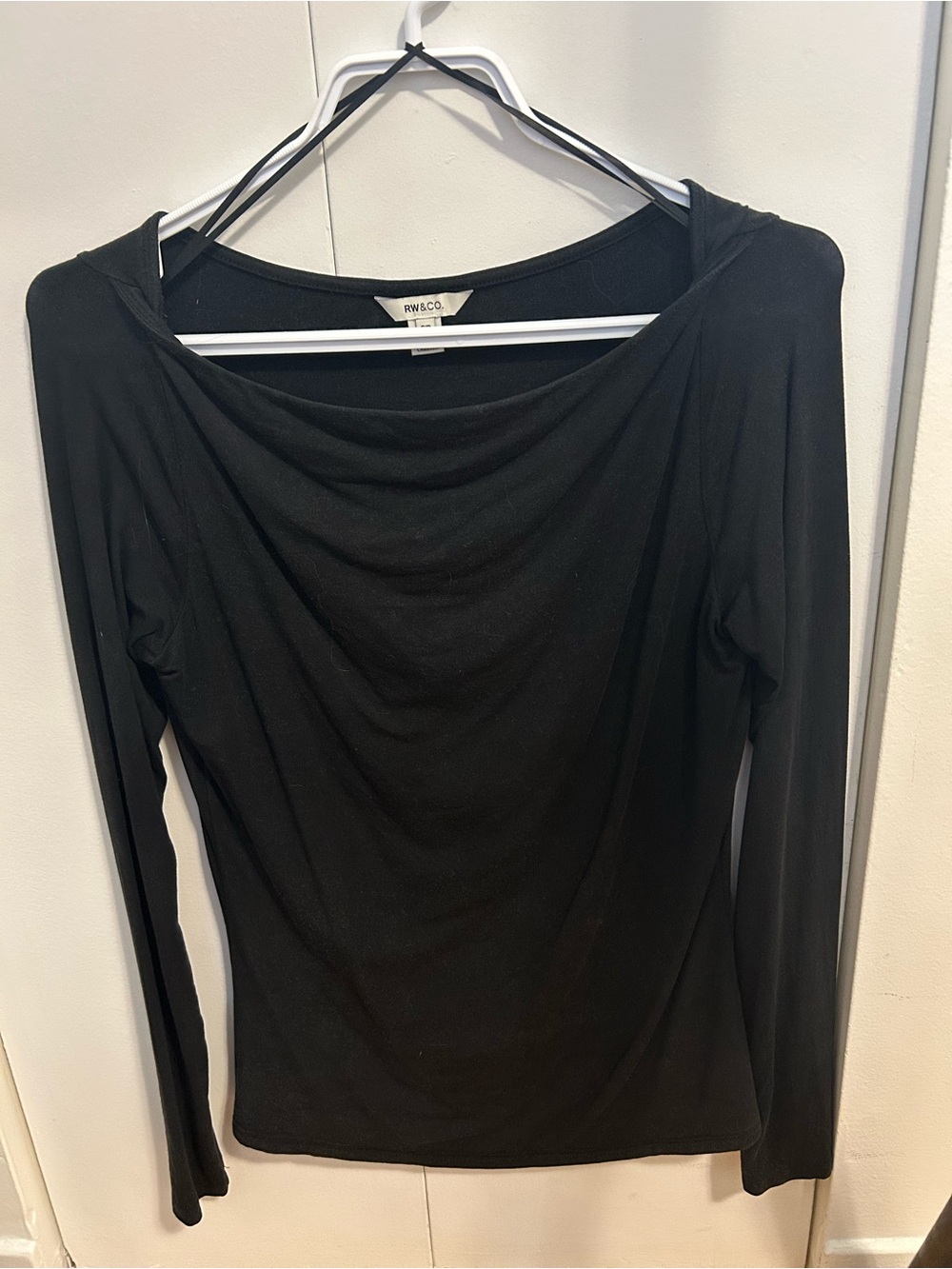 RW&CO. Black Long-Sleeve Draped Neck Top